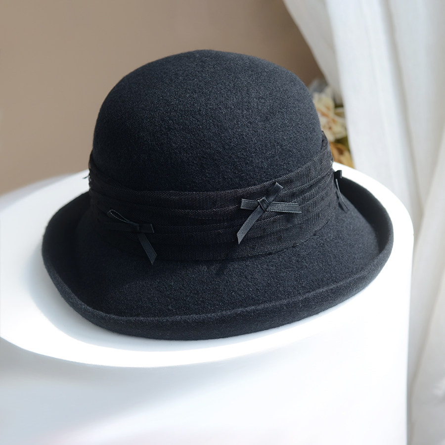 秋冬新款法式卷边羊毛呢礼帽子女韩版时尚蝴蝶结渔夫帽可折叠盆帽