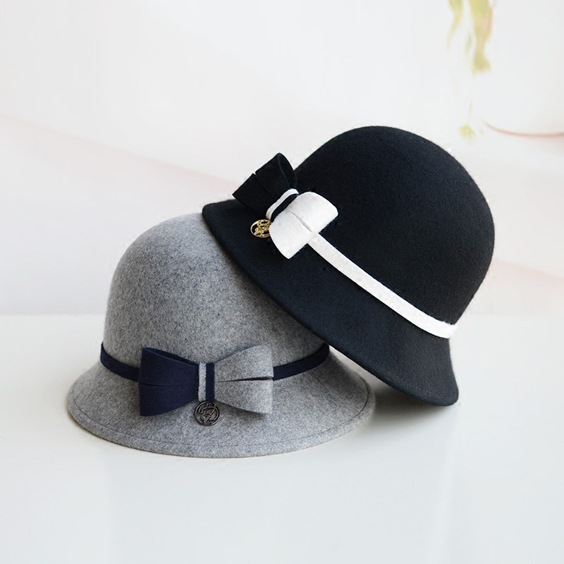 帽子秋冬纯羊毛礼帽女士英伦风优雅小沿盆帽撞色蝴蝶结保暖渔夫帽