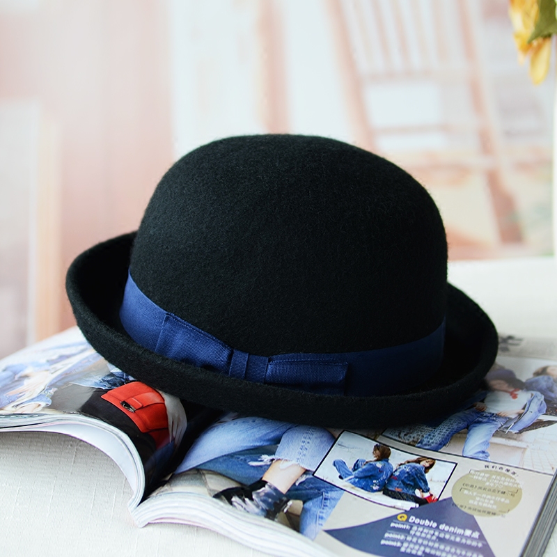 秋冬蝴蝶结羊毛呢帽子女士圆顶卷边小礼帽韩版百搭盆帽渔夫帽女潮