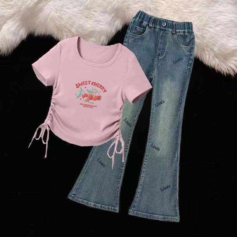 女童2025新款修身洋气设计感抽绳印花T恤+微喇叭牛仔裤时尚两件套