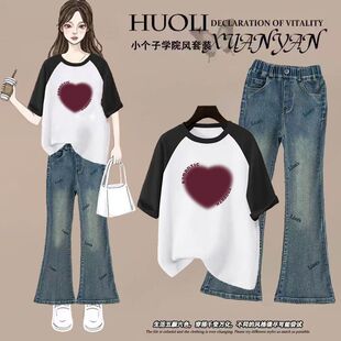 女童韩版套装2025新款中大童时髦短袖网红初中生牛仔喇叭裤两件套