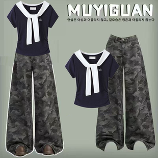 女童海军领上衣套装 迷彩牛仔裤 时尚 洋气两件套 韩系学院风披肩短袖