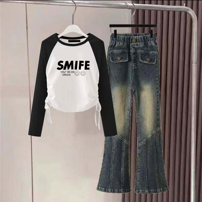 女童长袖t恤春秋新款拼色抽绳印花修身高腰微喇叭牛仔裤两件套装7