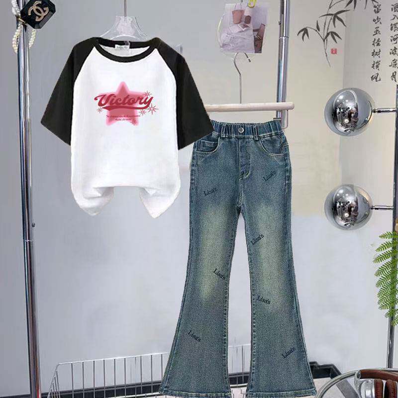 2025女孩新款卡通印花短袖t恤宽松牛仔裤喇叭裤夏季洋气网红套装7
