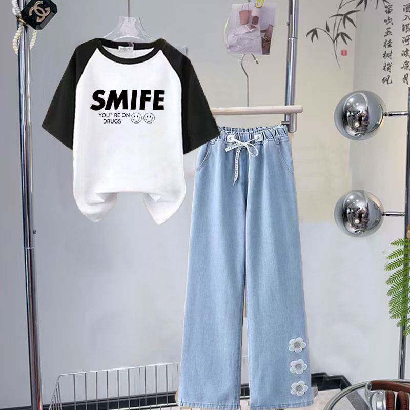 女童夏季纯棉短袖T恤套装2025新款夏装洋气休闲牛仔裤两件套薄款