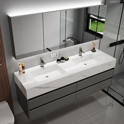 卫生间无缝衔接一体洗手台双盆浴室柜组合定制轻奢智能双槽洗漱台