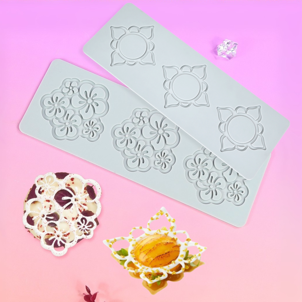3连花骨朵镂空翻糖蕾丝垫 方形花巧克力脆片甜点装饰摆盘硅胶模具