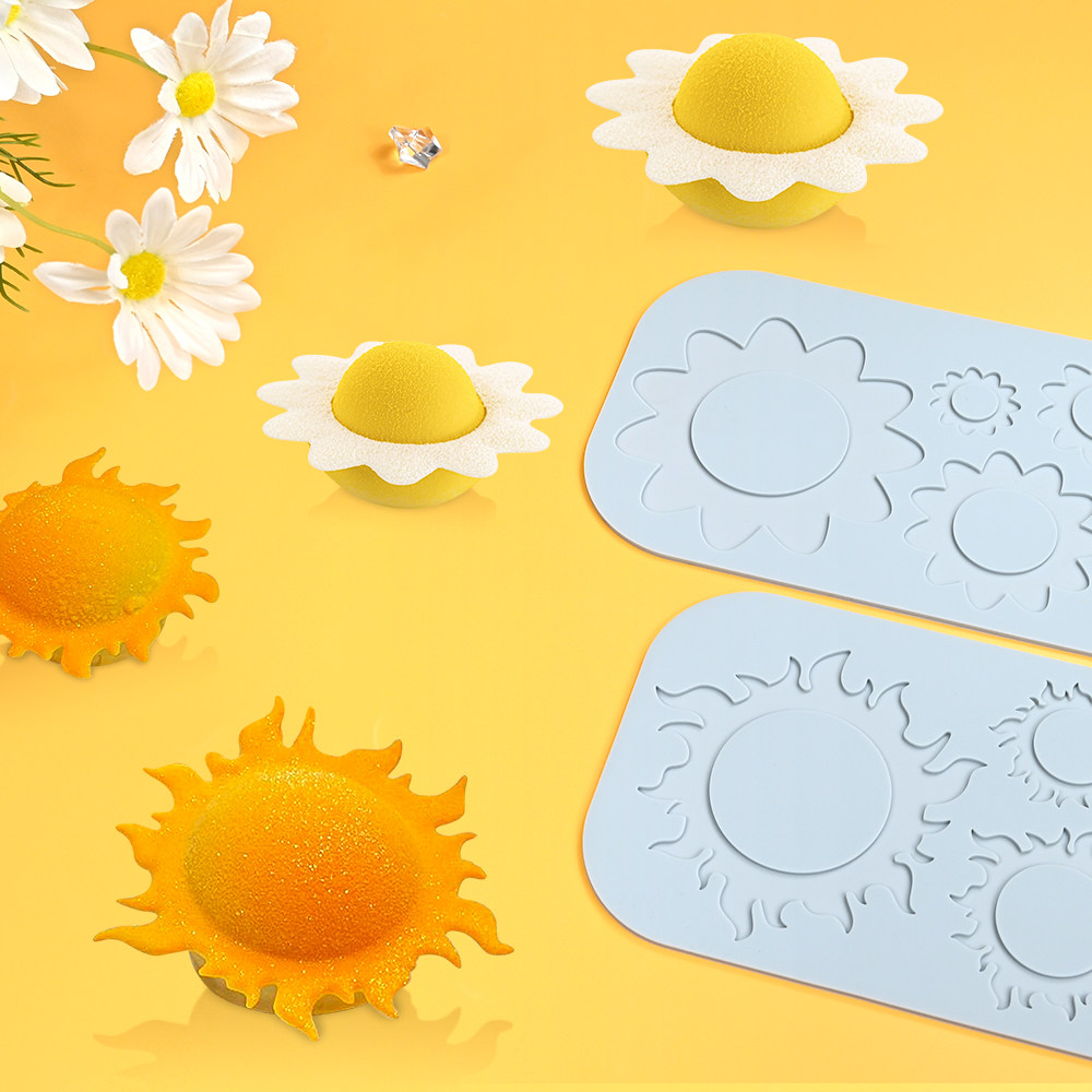 6连大小太阳翻糖蕾丝垫 太阳花摆盘硅胶模具巧克力法式甜点印花垫