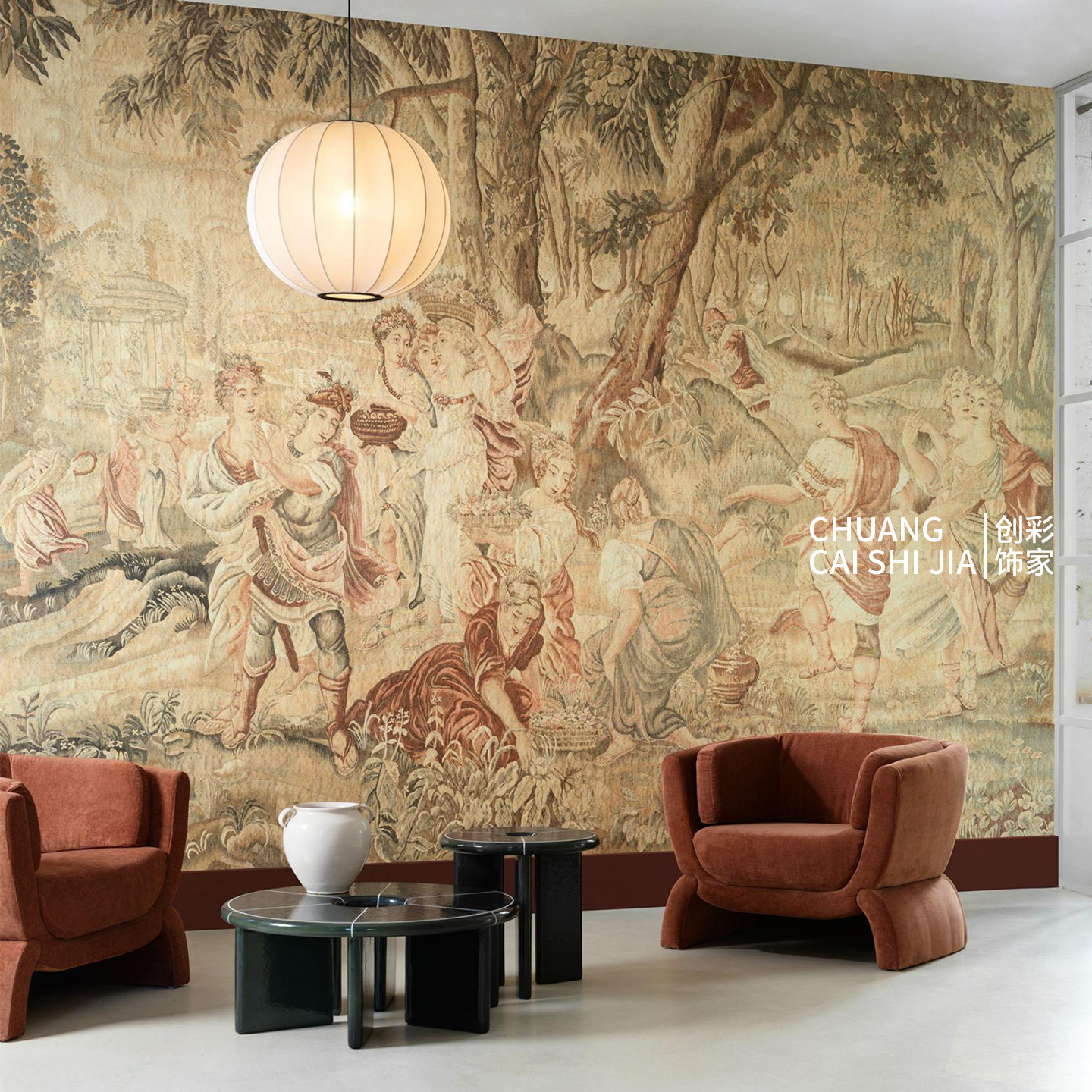 ARTE采花人物图案羊皮纸风格全景图墙布卧室书房背景壁纸97880,家装主材,无缝墙布/无缝壁布,淘宝优惠券,粉丝福利购,淘宝优惠卷