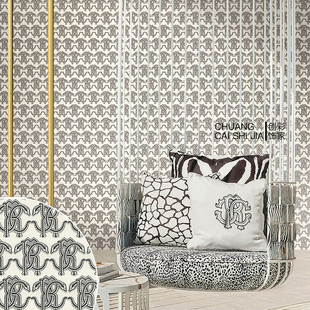 Roberto cavalli原装正品壁纸字符深压纹书房卧室背景墙布RC21032