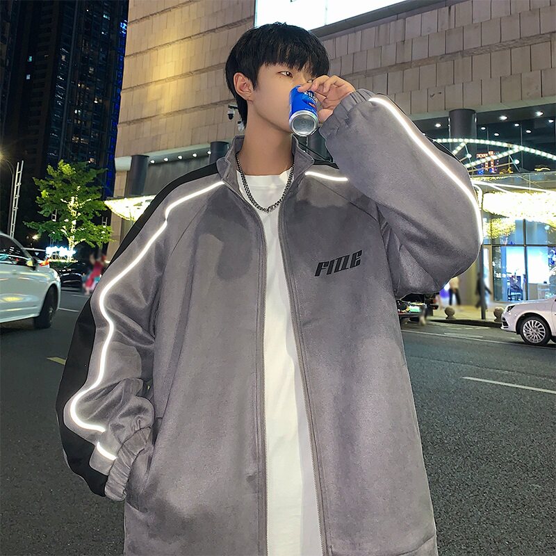 vintage美式复古麂皮绒夹克男潮牌春秋hiphop棒球服春装宽松外套