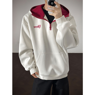 半拉链连帽卫衣男秋冬季潮牌美式重磅外套宽松高街撞色青少年上衣