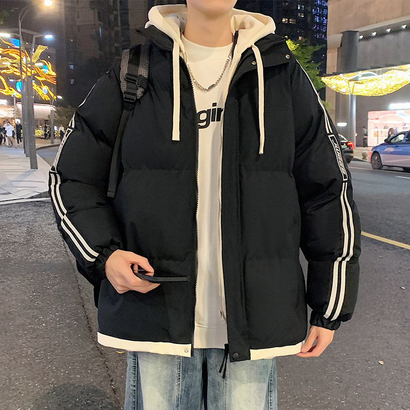 美式复古棉衣男冬季新款撞色条纹加厚棉服高街情侣立领面包服外套