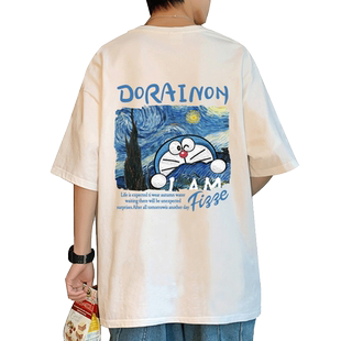 国潮港风多啦a梦短袖t恤男夏季复古日系cityboy上衣潮流纯棉半袖