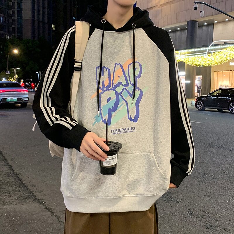 美式复古ins高街撞色连帽卫衣男大码宽松潮牌外套百搭港风上衣服