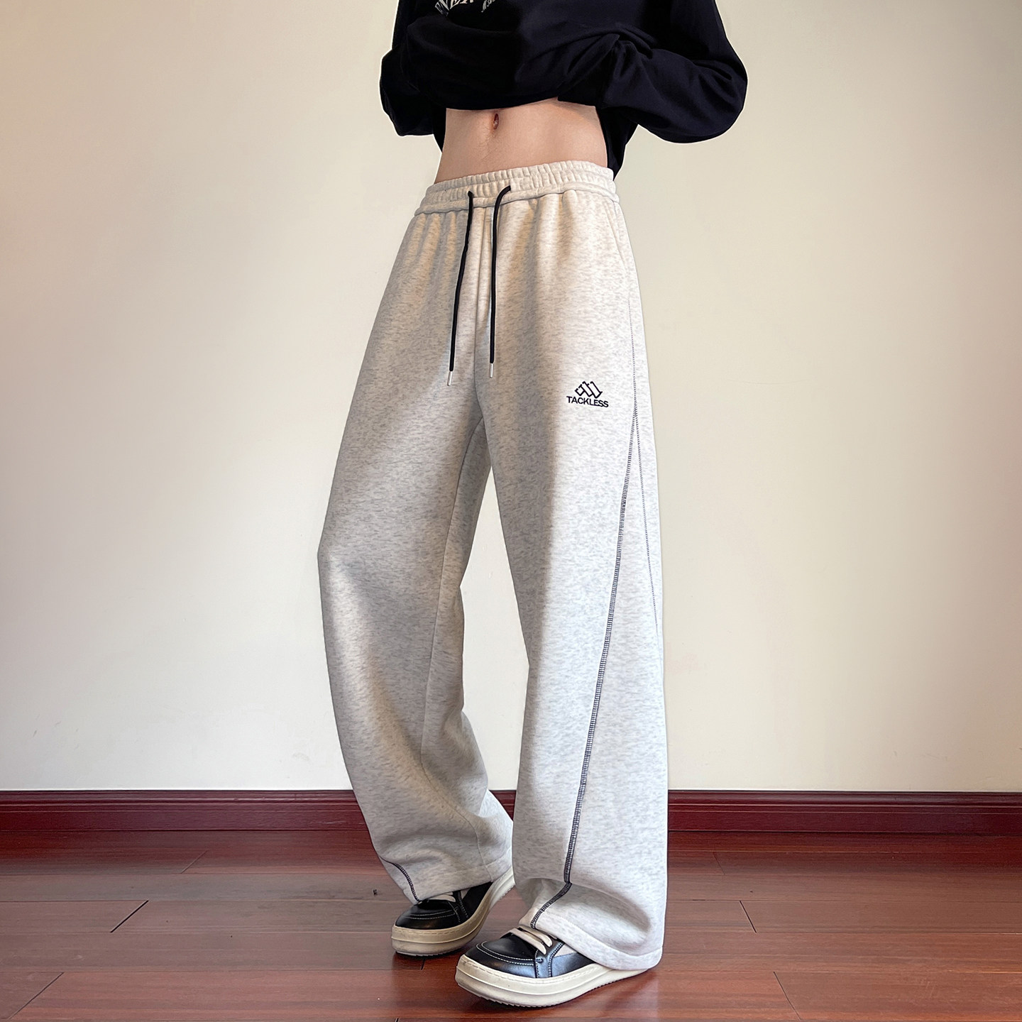 美式明辑线弯刀裤男秋冬季2026新款宽松加绒运动裤港风男生阔腿裤