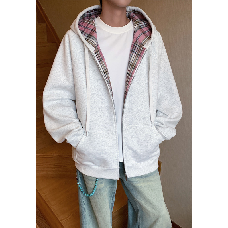 美式复古格子连帽卫衣男春秋季oversize外套宽松慵懒风开衫上衣服