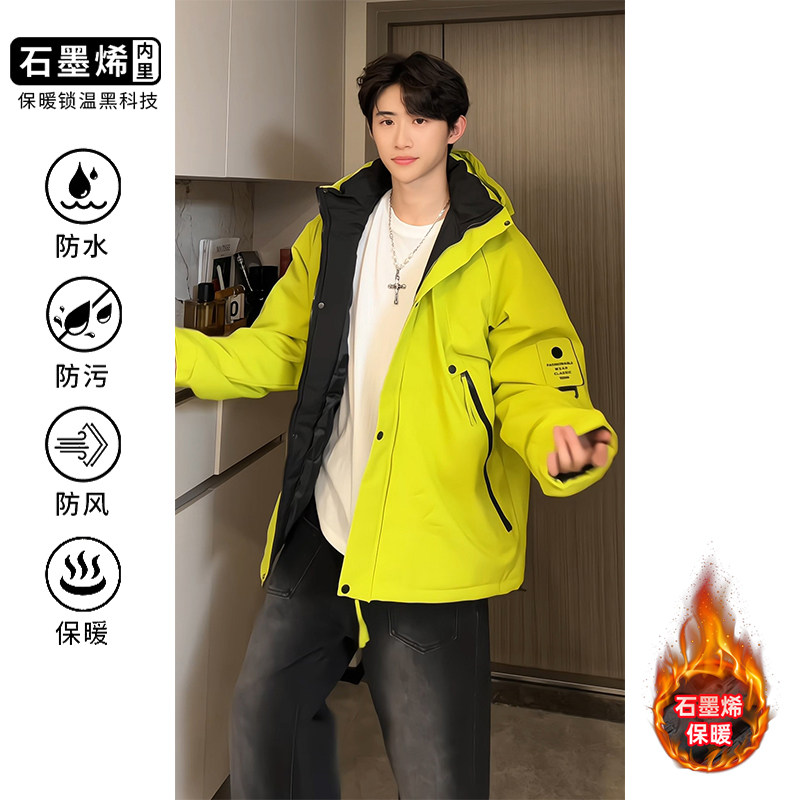 2026秋冬季新款连帽棉服男潮牌贴标冲锋衣夹克宽松工装款棉衣外套