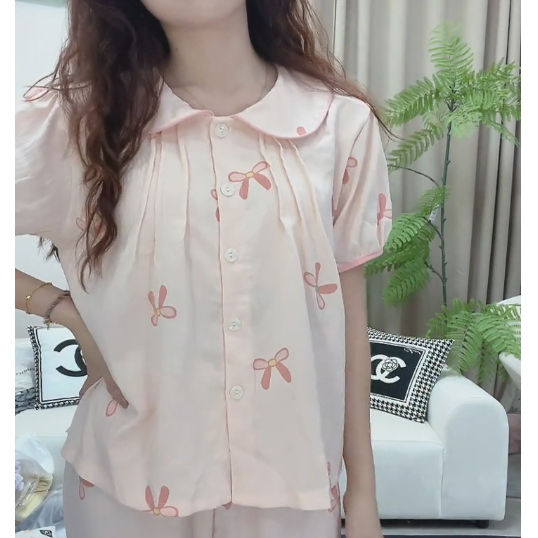 2025新款睡衣女夏季云朵棉短袖长裤带胸垫甜美可爱娃娃领三件套装