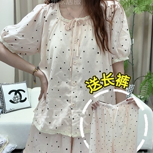 可外出穿 夏季 尾新款 睡衣女云朵棉带胸垫短袖 甜美可爱波点三件套装