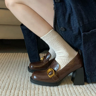 复古方头粗跟一脚蹬福乐鞋女2026新款英伦风小个子高跟小皮鞋单鞋