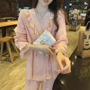 春秋轻熟风法式 复古蕾丝设计感睡衣女网红和服长袖 家居服套装