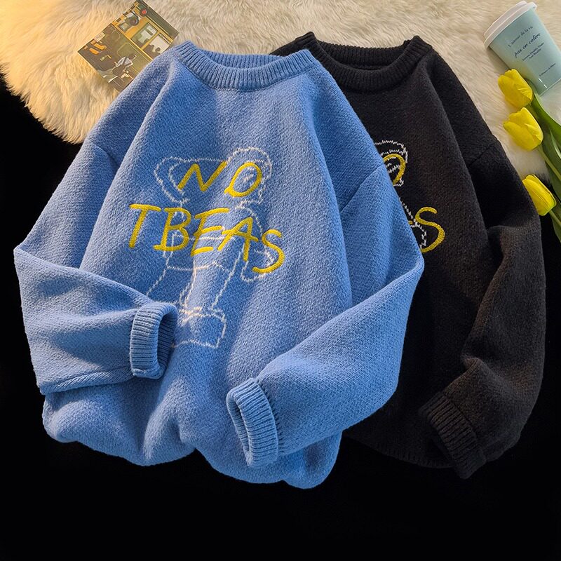 Men's and Women's Autumn/Winter Thick Knitted Trendy Personality Letter Embroidered Round Neck Sweater Pure Deer Antler_voghion.com