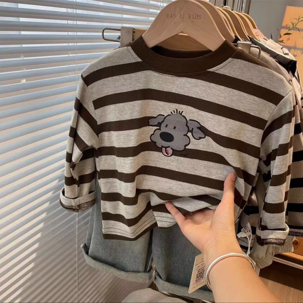 婴儿童长袖T恤2026春秋新款男女童卡通小狗条纹打底衫宝宝上衣潮