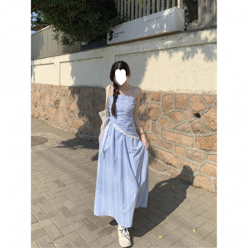 原版做法 蓝色格纹抹胸吊带连衣裙女夏季法式高级感收腰显瘦裙子