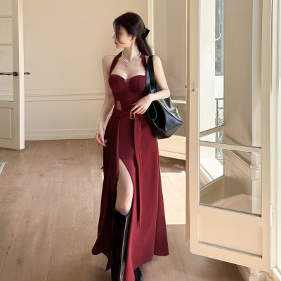 Dreamy女人味 抹胸开叉挂脖海边穿搭宴会生日裙子性感绑带长裙女