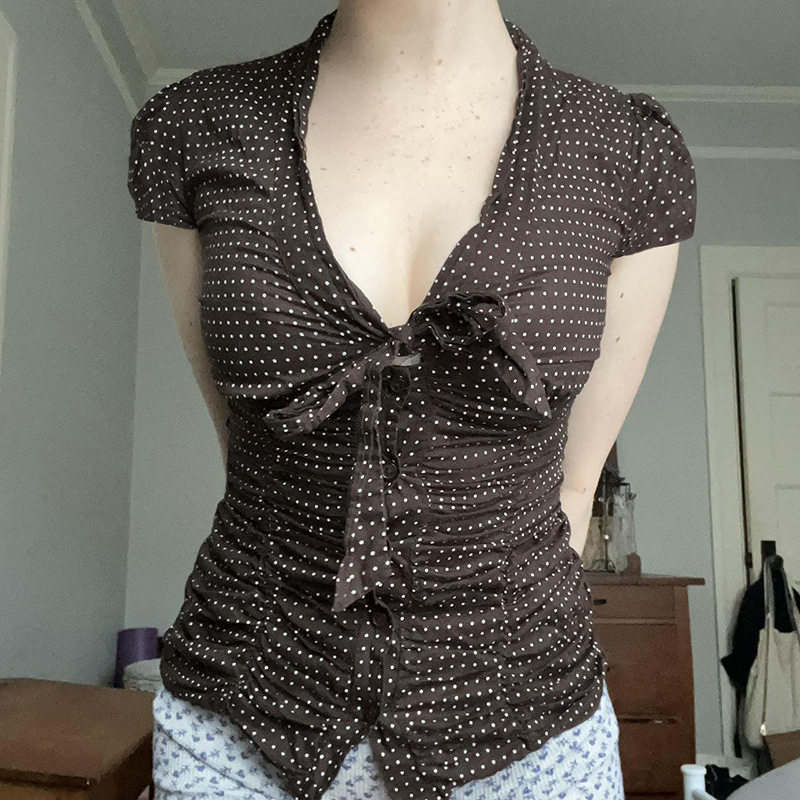 Dreamy 欧美性感辣妹波点扣子系带T恤甜美少女风v字领短袖上衣女