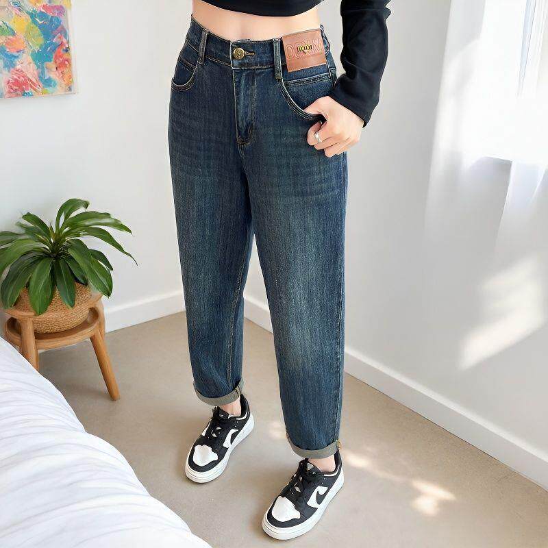 高腰宽松哈伦牛仔裤女春