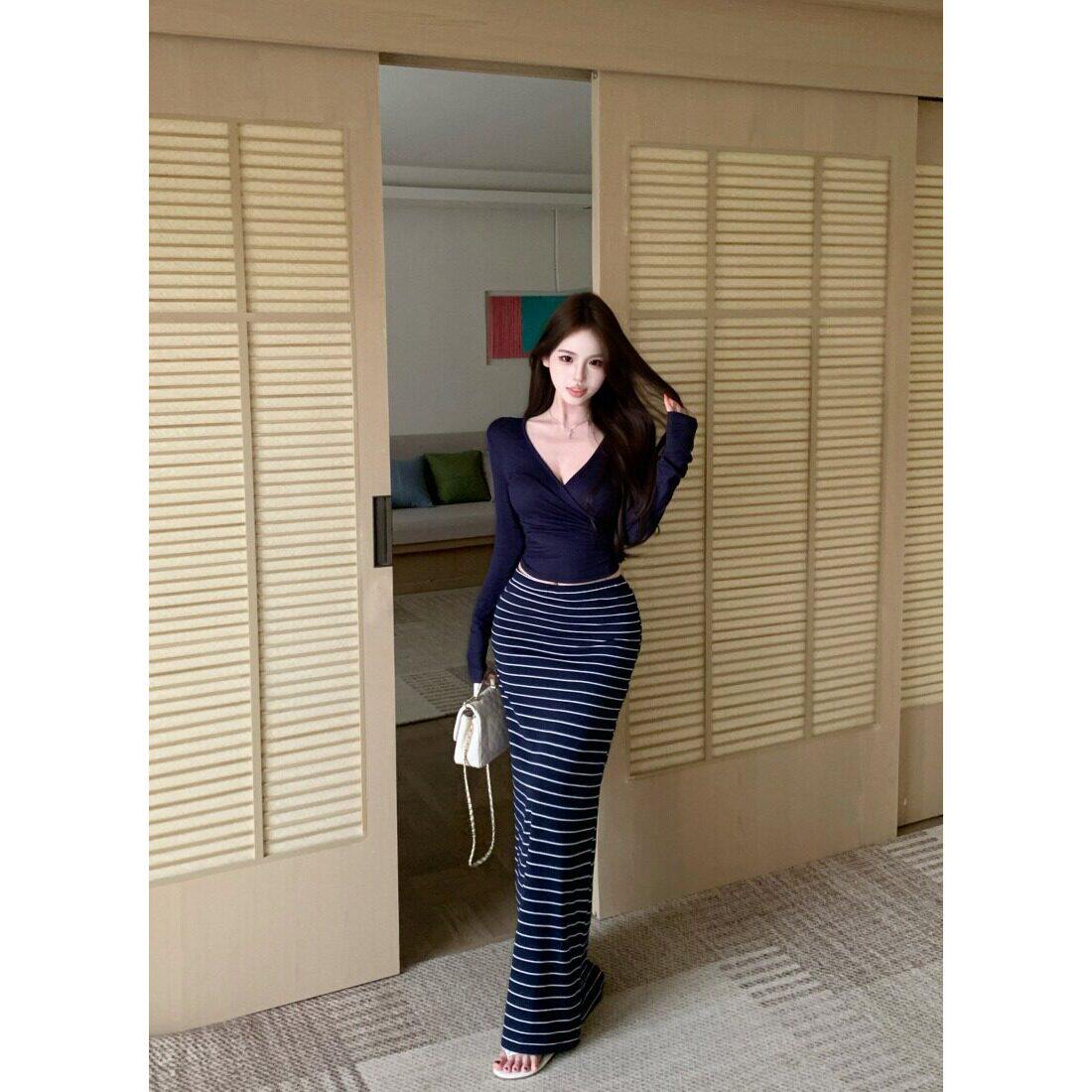 御姐范套装女春夏V领绑带