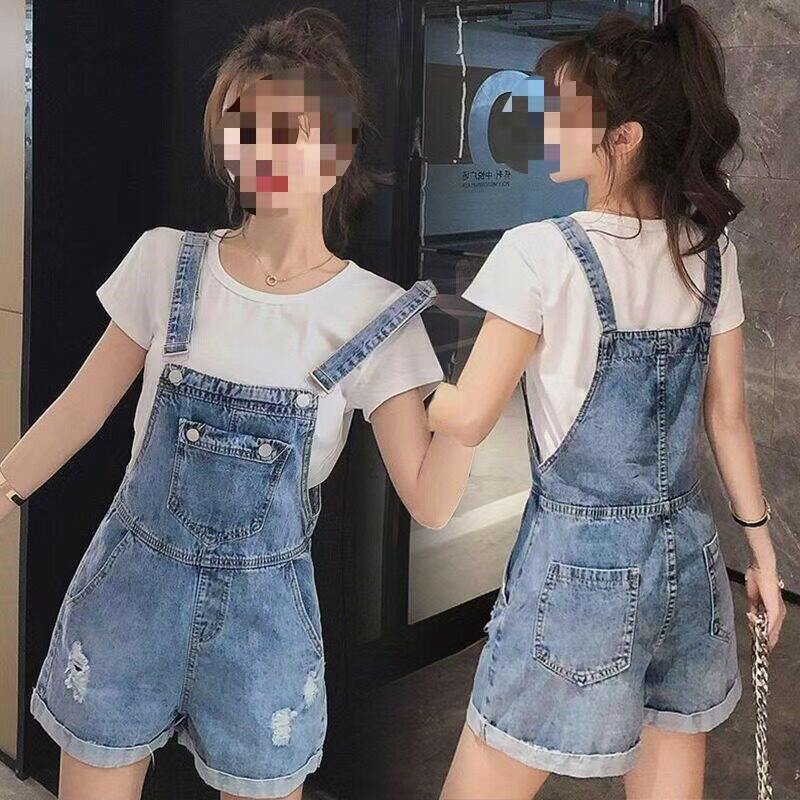 减龄破洞牛仔背带裤女夏
