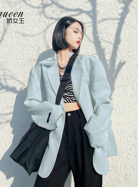 西装外套女秋季新款宽松休闲百搭廓形上衣oversize蓝色炸街小西服