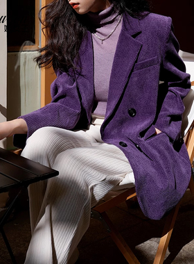 紫色灯芯绒西装外套女春秋复古气质高级感职场宽松休闲正肩小西服