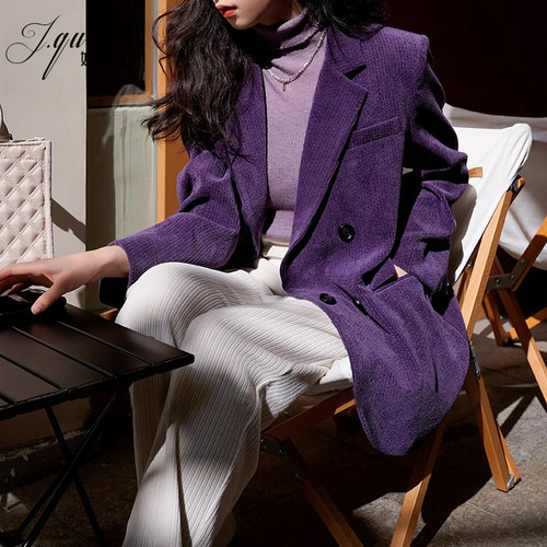 紫色灯芯绒西装外套春秋季新款女