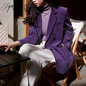 紫色灯芯绒西装 外套女春秋复古气质高级感职场宽松休闲正肩小西服