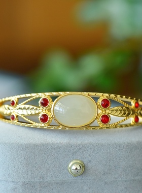 宫玺金枝玉叶金手镯和田玉白玉手工花丝镂空手镯碧玉南红夺宝手环