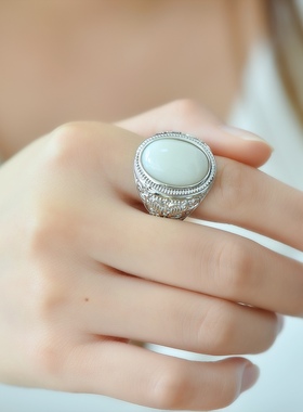 和田玉白玉戒指男款豪华大戒面活口指环霸气时尚指环