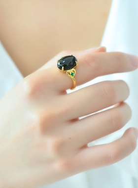 铜镶嵌和田玉青玉精美时尚戒指女金镶玉指环