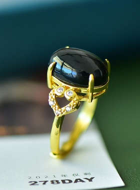 古法金和田玉青玉爱心戒指女小众设计女款时尚个性开口可调节指环