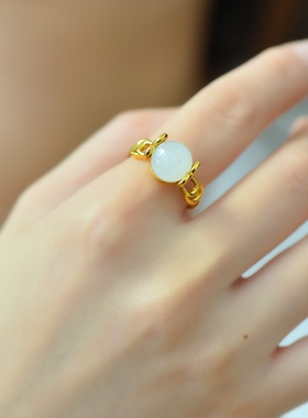 和田玉白玉沙金戒指女款镀黄金久不掉色宝石开口抖音网红仿金首饰