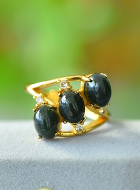 古法金和田玉青玉时尚戒指  超闪锆石新款潮气质轻奢高级百搭指环