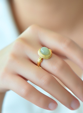 【名称】铜镶嵌和田玉青白玉蛋面时尚戒指
