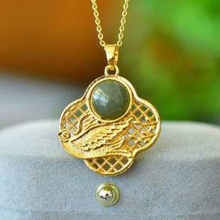 金镶玉吊坠5D硬金如意锁吊坠足金铜钱平安锁和田玉坠子送礼