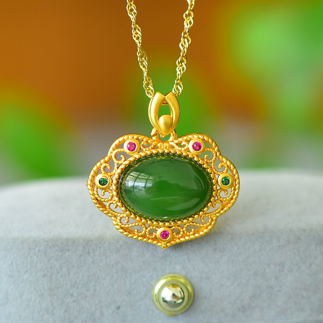 古法金镶嵌天然和田玉碧玉如意锁中国风故宫典雅吊坠女时尚锁骨链