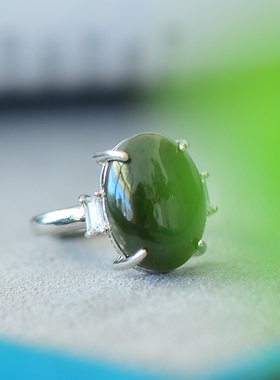 和田玉 青玉戒指女款 成品戒指 裸石原石戒面 铜镶嵌碧玉戒指