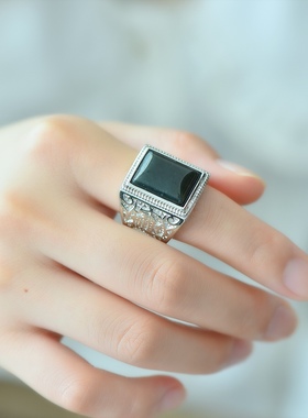 铜镶嵌和田玉青玉方形时尚戒指