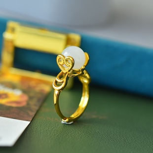 和田玉白玉戒指古法金明珠圆珠气质百搭指环节日礼物送女友不掉色